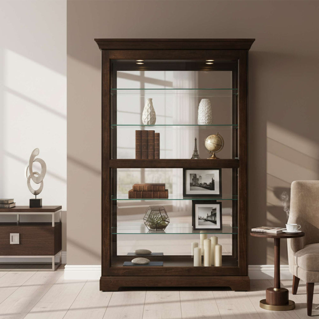 A wooden display cabinet with glass shelves in a well-lit room