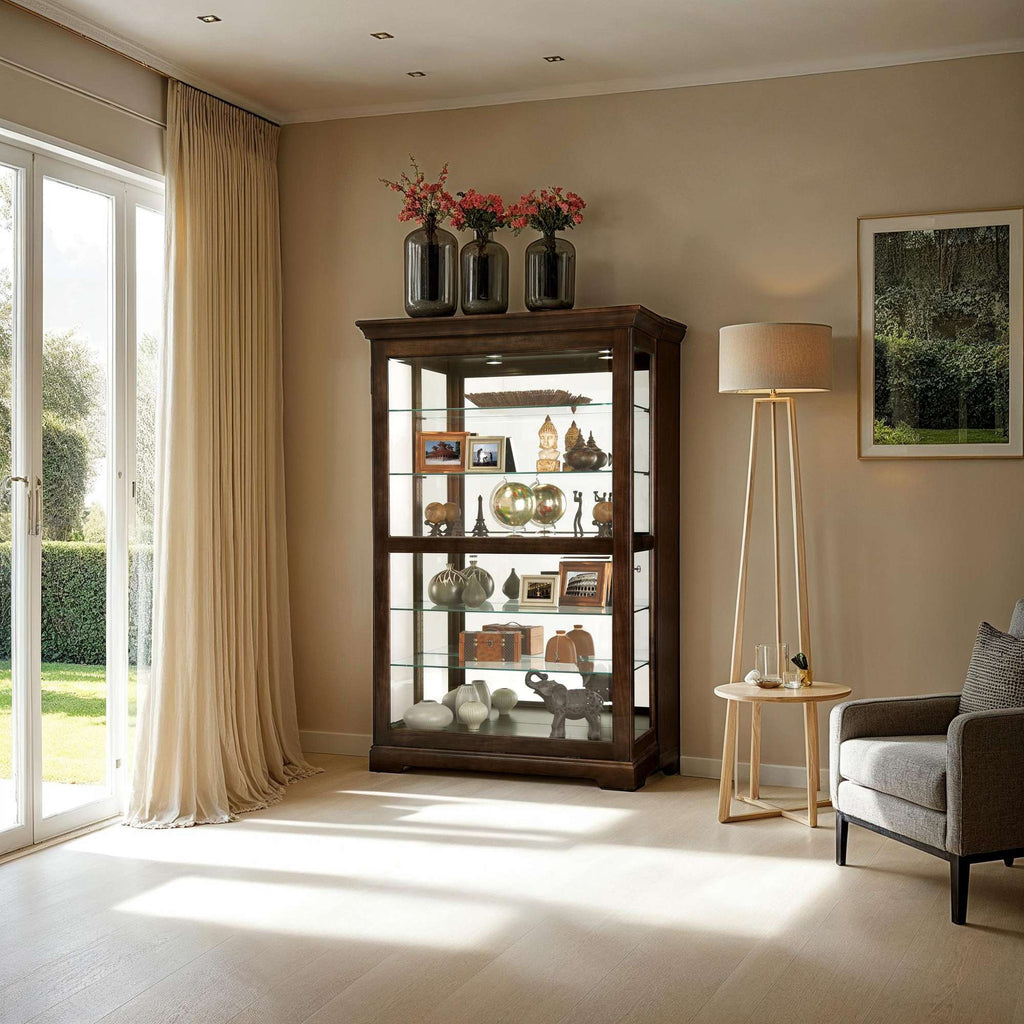 A stylish living room featuring a display cabinet filled with decor items, a floor lamp, and a comfortable chair.