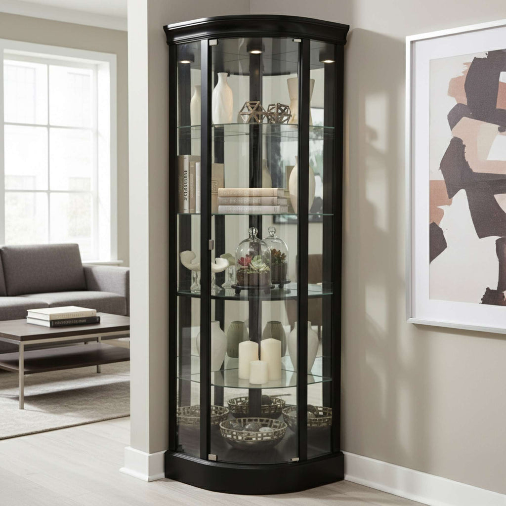 Elegant black corner display cabinet with glass shelves and decorative items