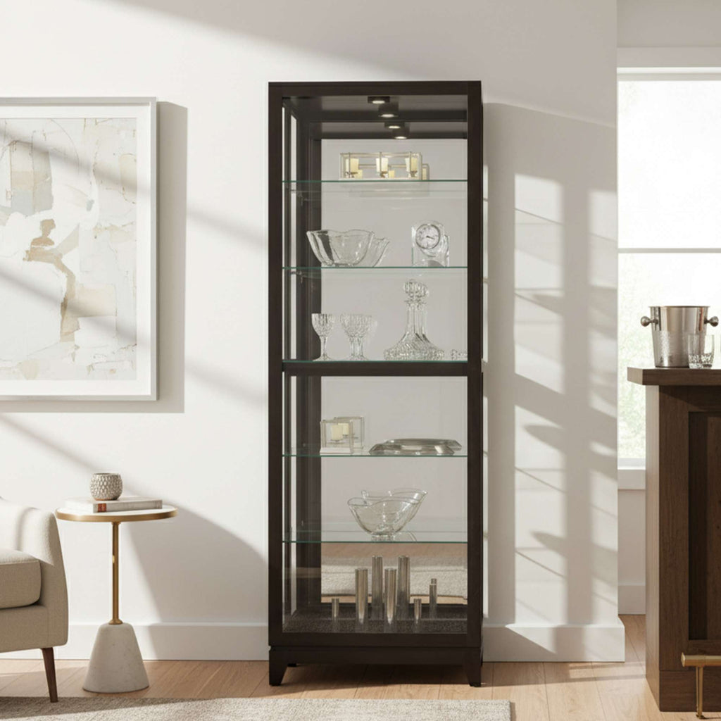 Modern glass display cabinet in a bright living room