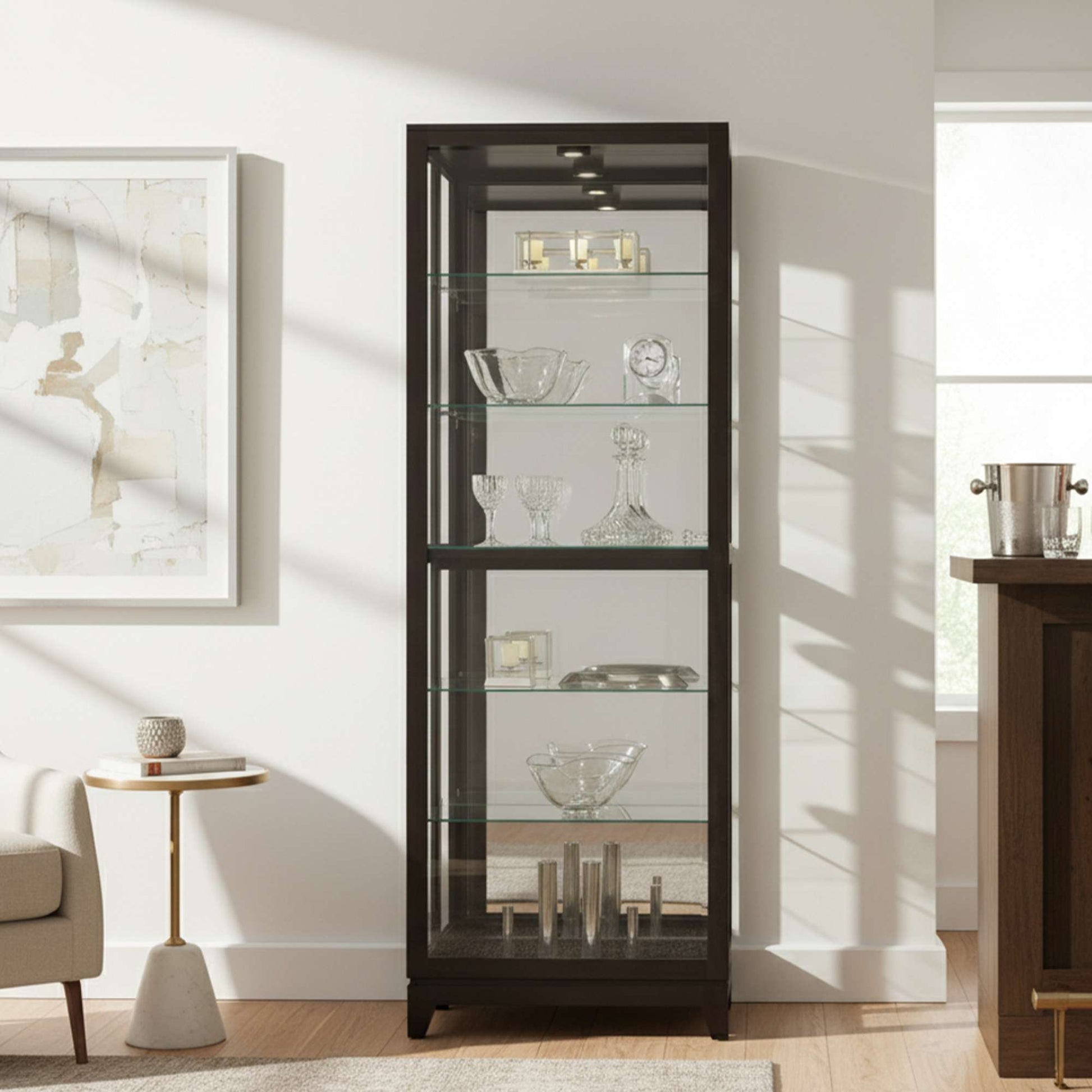 Modern glass display cabinet in a bright living room