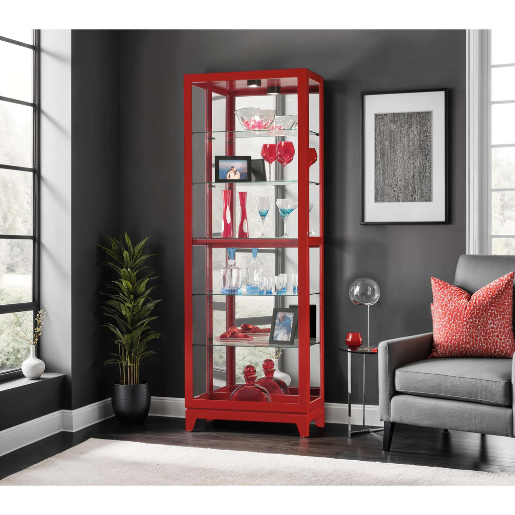 A modern red display cabinet filled with decorative items in a stylish living room setting.