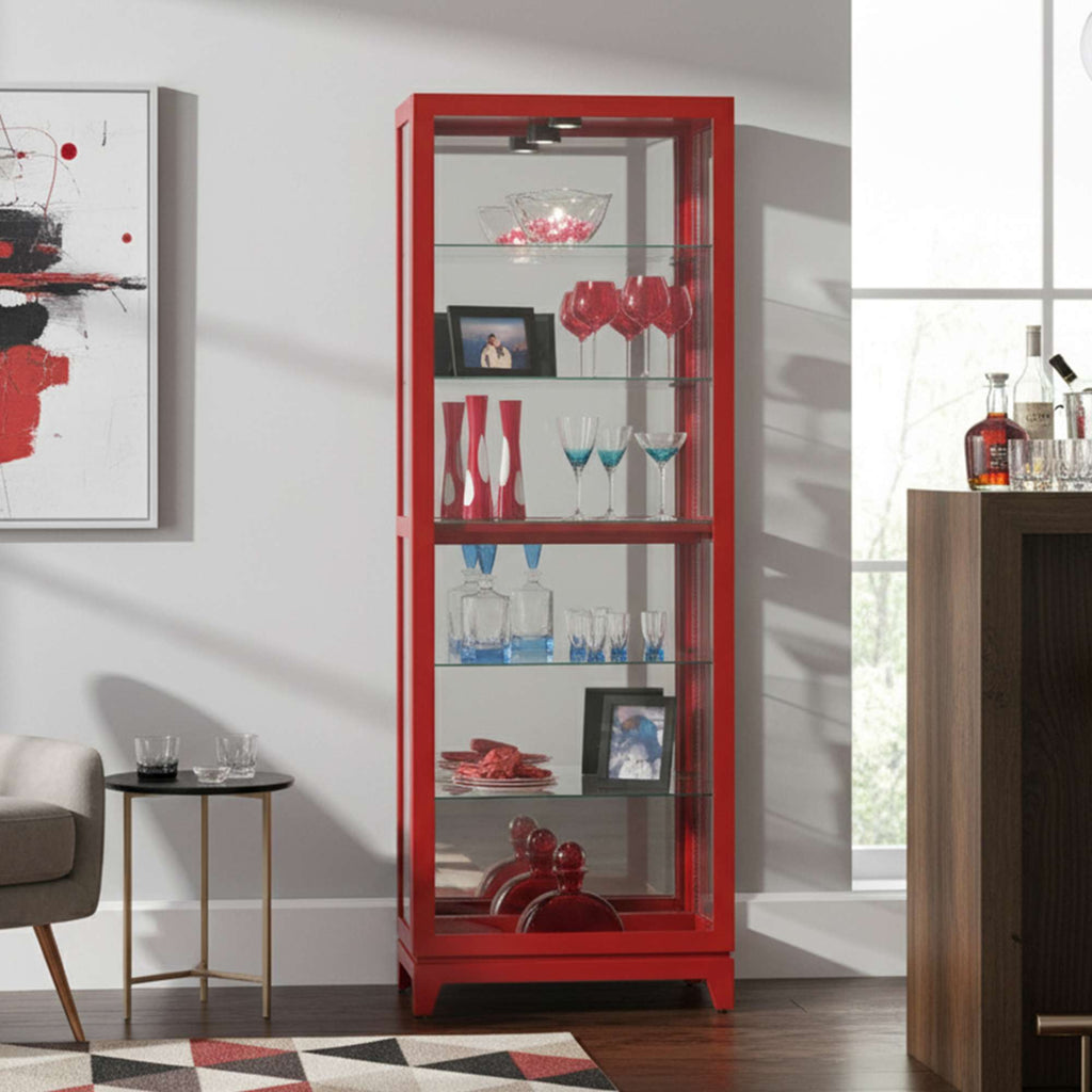 A modern red display cabinet showcasing decorative glassware and art pieces.