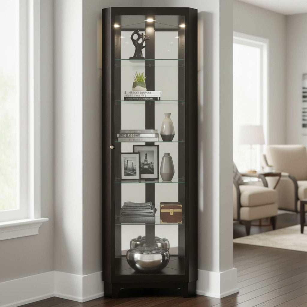 Modern glass display cabinet with shelves, featuring decorative items and a sleek black frame.