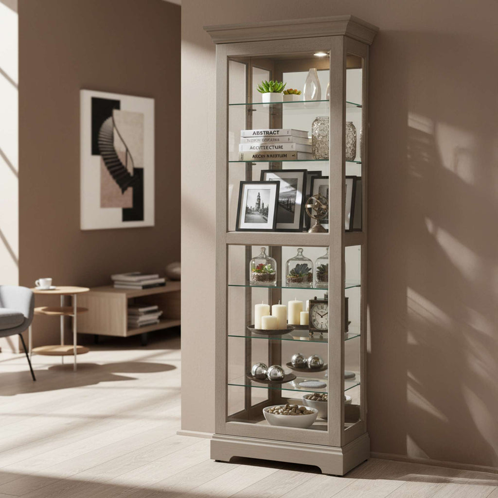 Tall glass display cabinet in a modern living room with decorative items and photographs