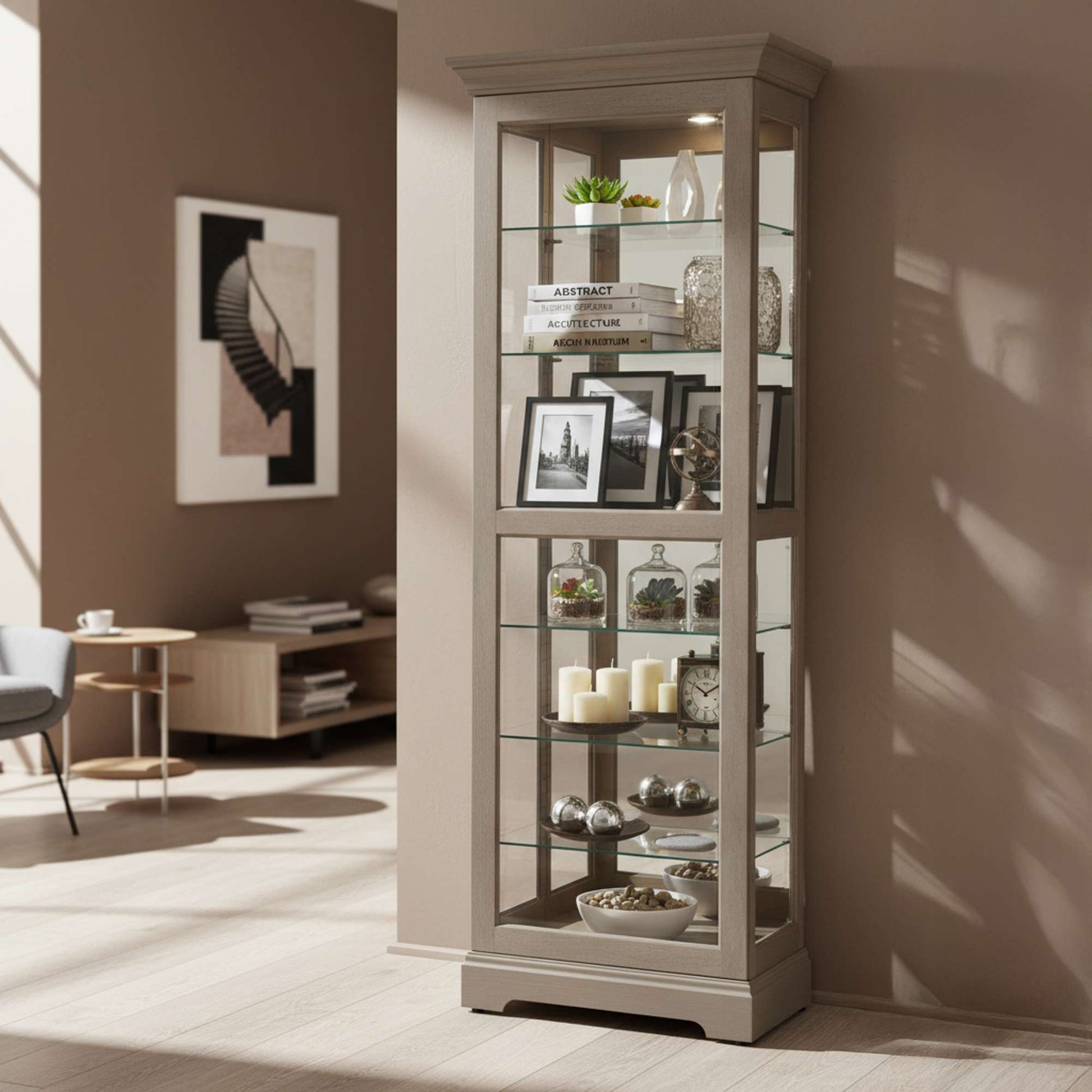 Tall glass display cabinet in a modern living room with decorative items and photographs