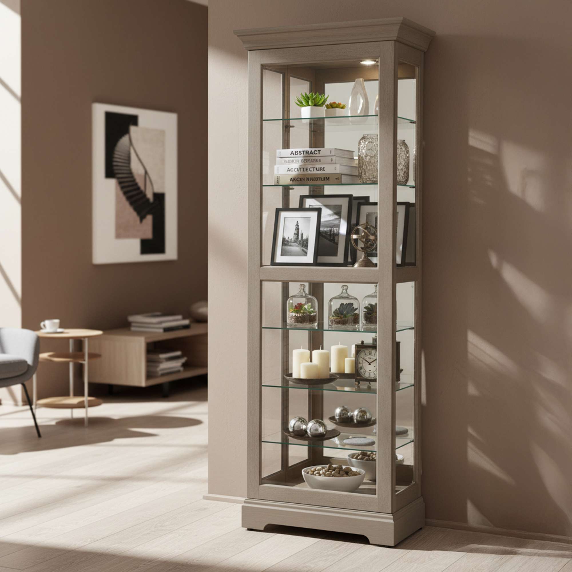 Tall glass display cabinet in a modern living room with decorative items and photographs