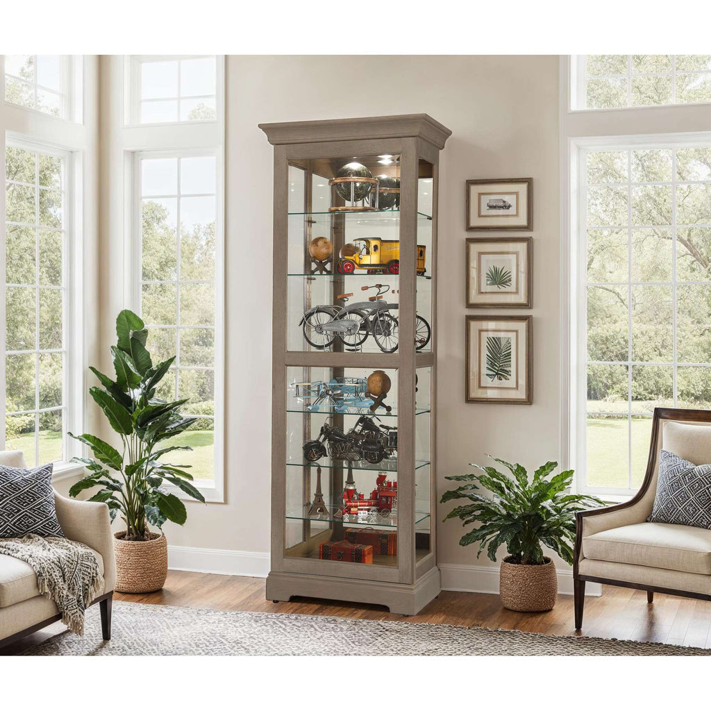 A tall display cabinet showcasing various collectibles, surrounded by indoor plants and natural light from large windows.