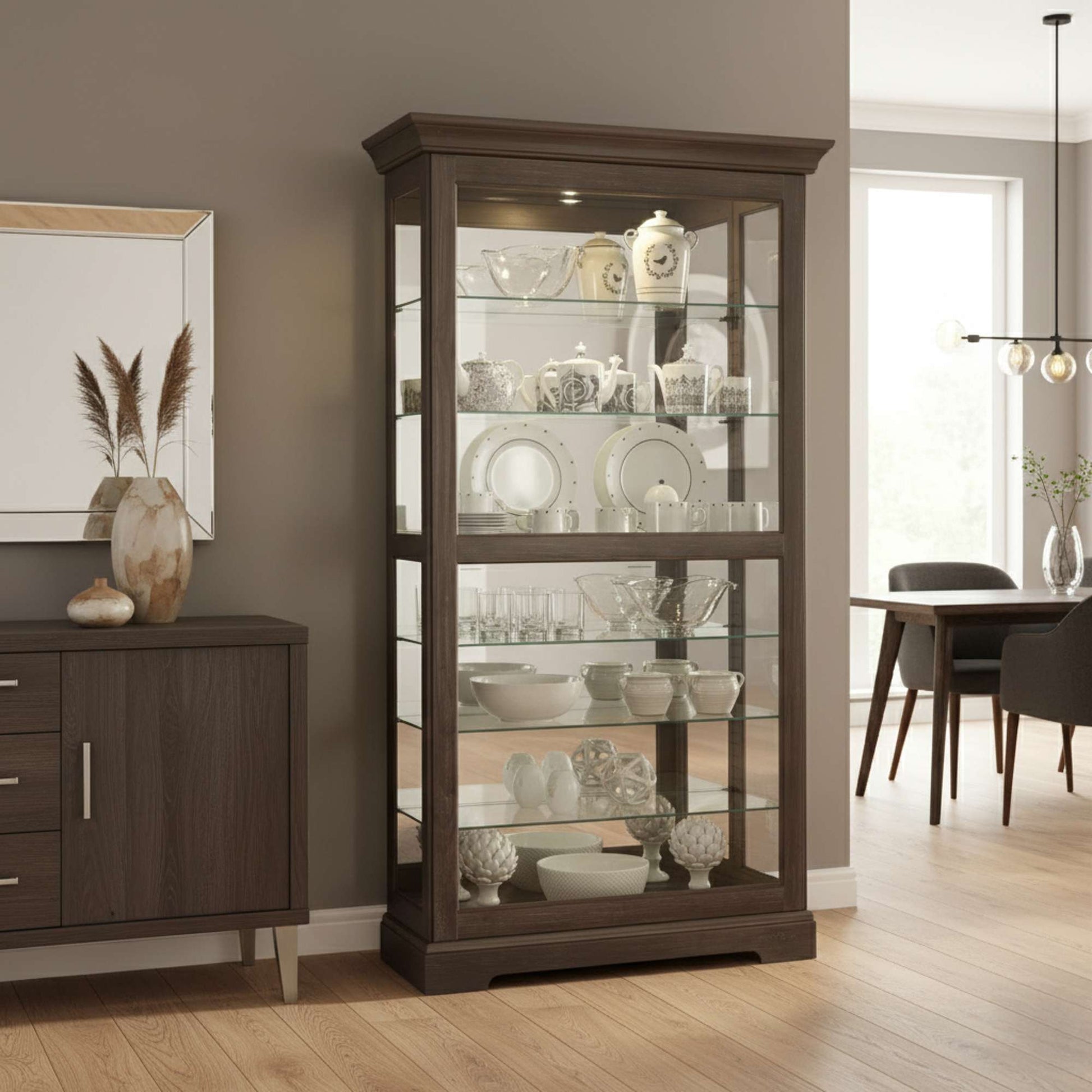 A stylish wooden display cabinet showcasing fine china and glassware, set in a modern dining room.
