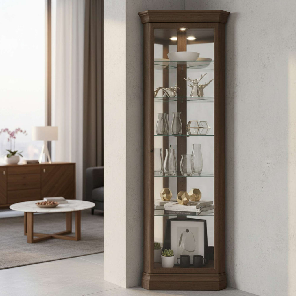 Stylish wooden display cabinet with glass shelves showcasing decorative items