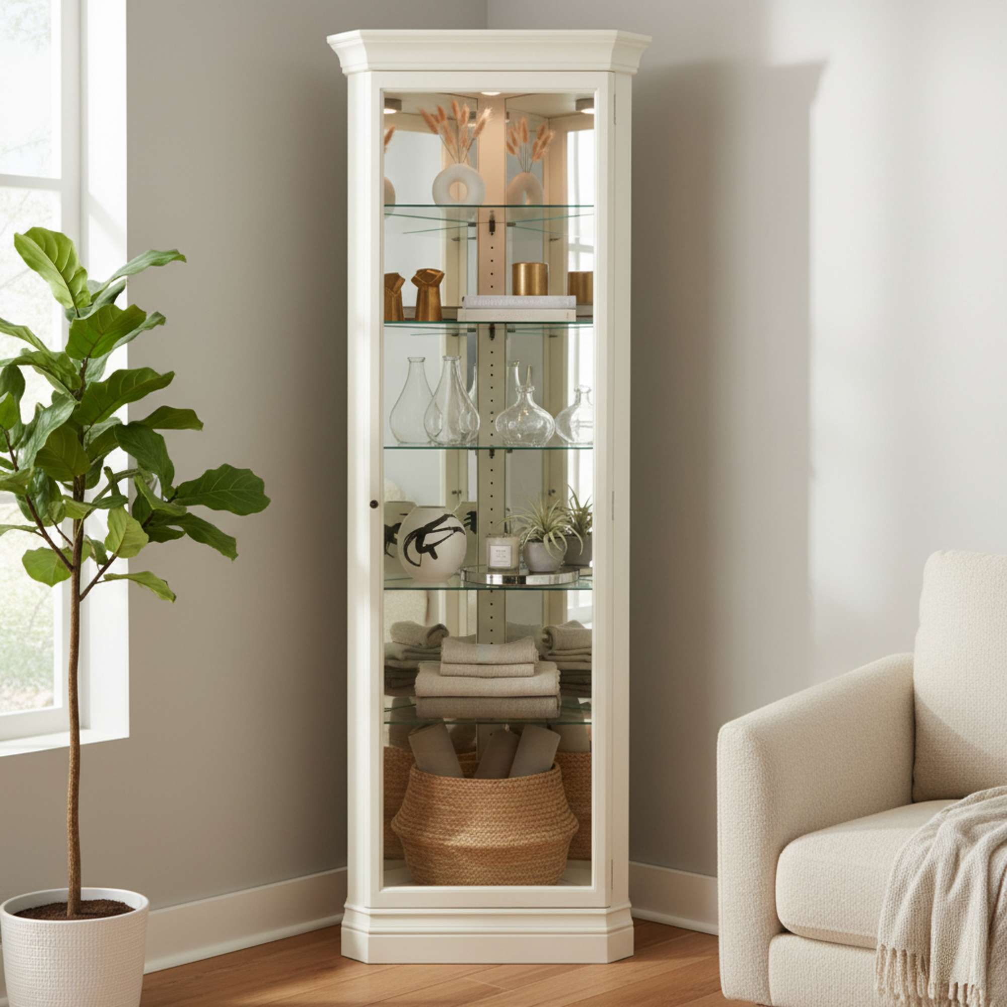 A tall white display cabinet with glass shelves, showcasing decorative items, next to a potted plant and a beige armchair.
