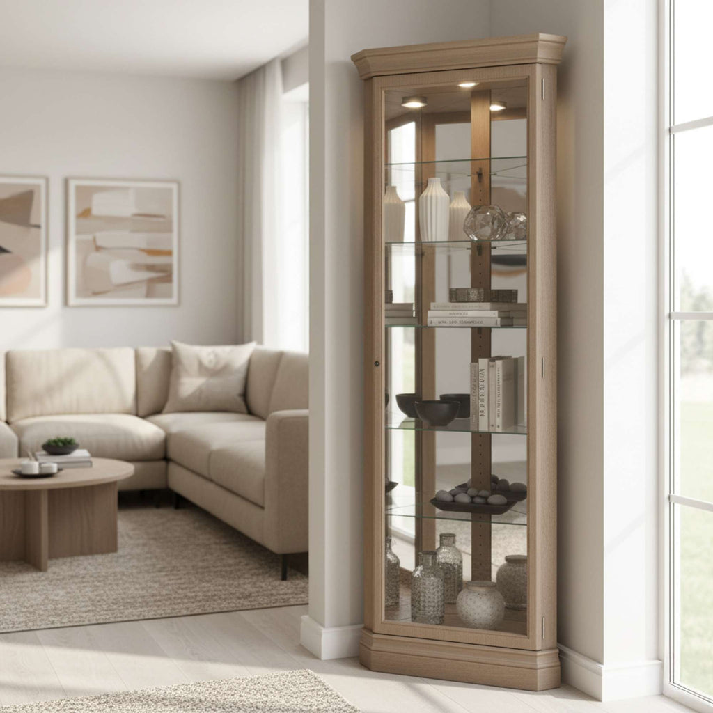 A decorative glass display cabinet in a bright living room with a beige sofa and light decor.