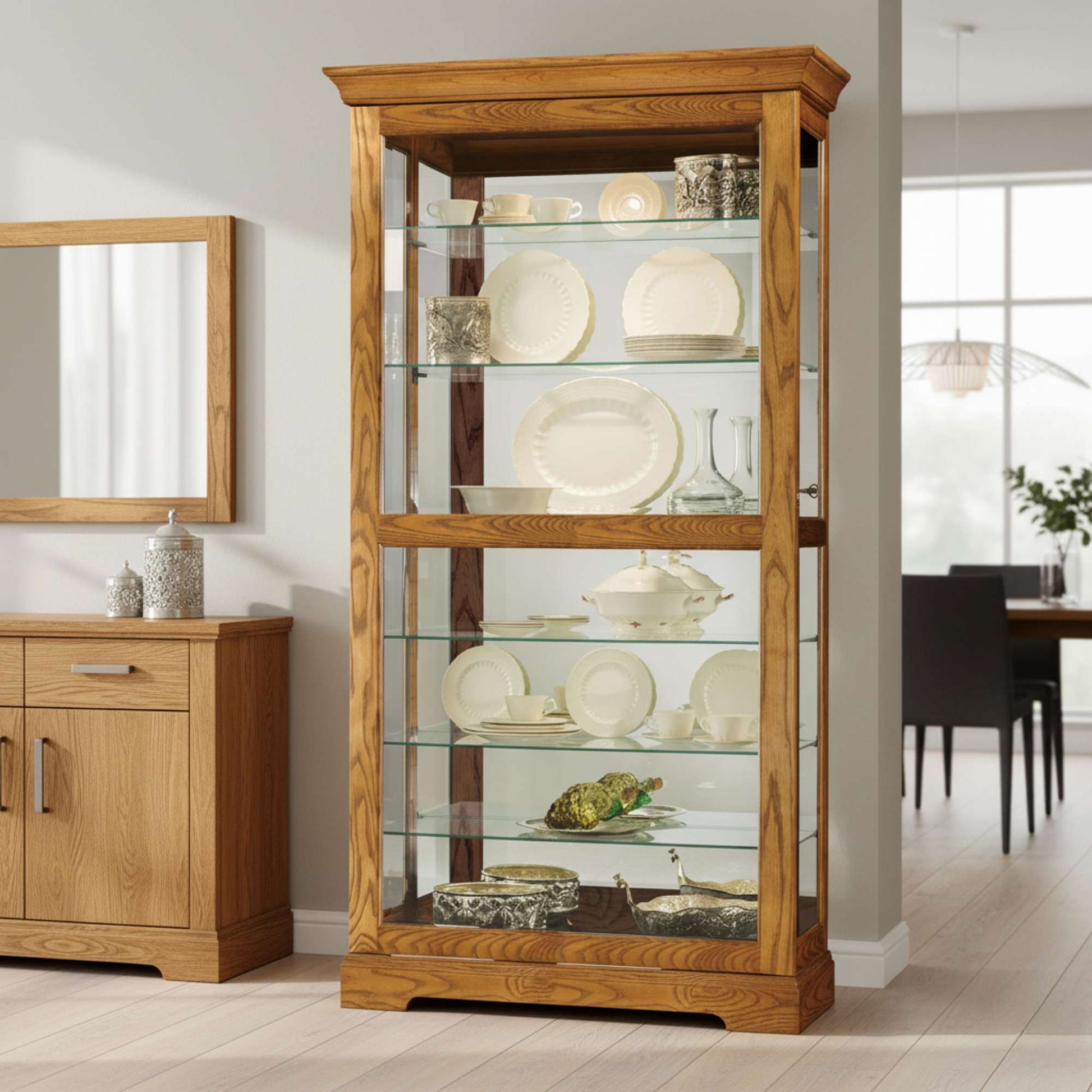 Wooden display cabinet showcasing porcelain dishes and glassware