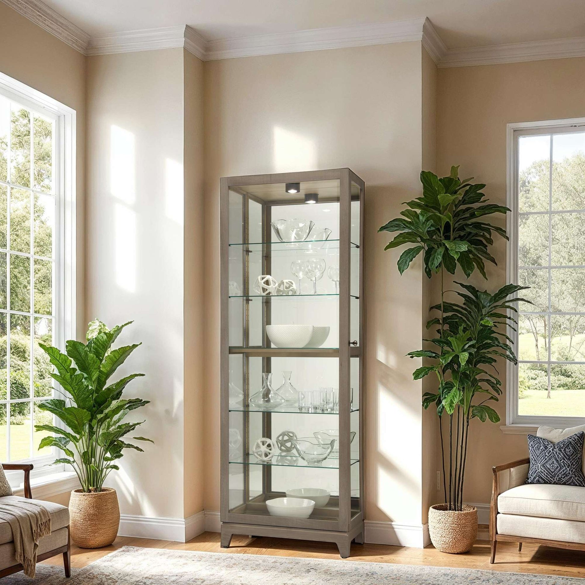 A stylish display cabinet in a bright room with plants and large windows.
