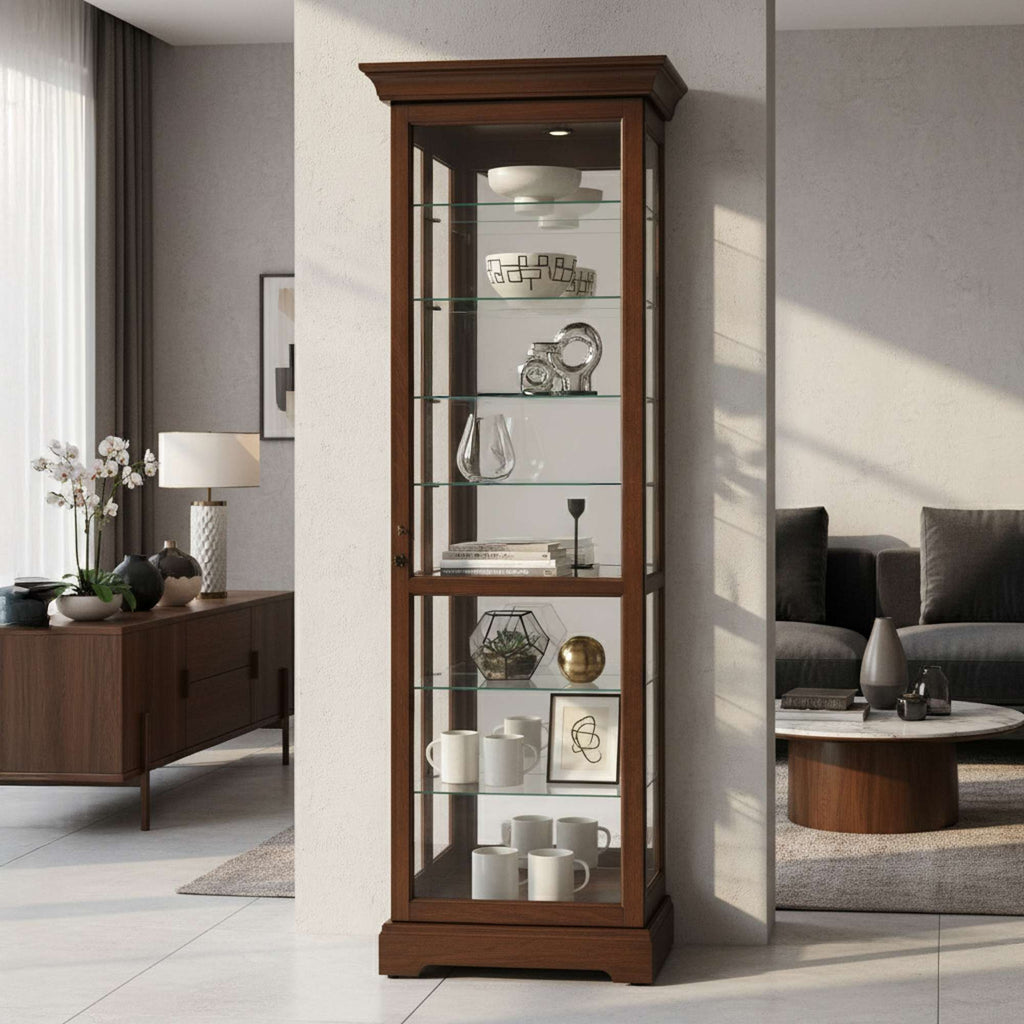 Stylish wooden display cabinet with glass shelves in a modern living room