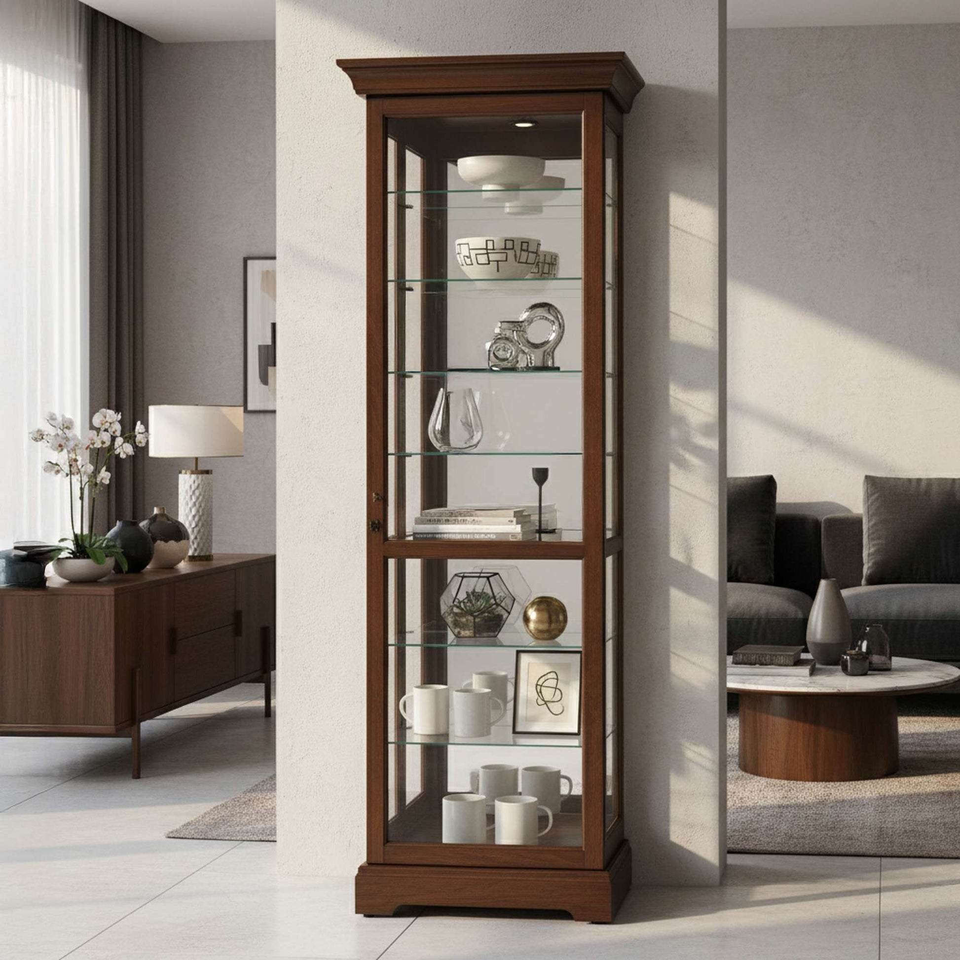 Stylish wooden display cabinet with glass shelves in a modern living room