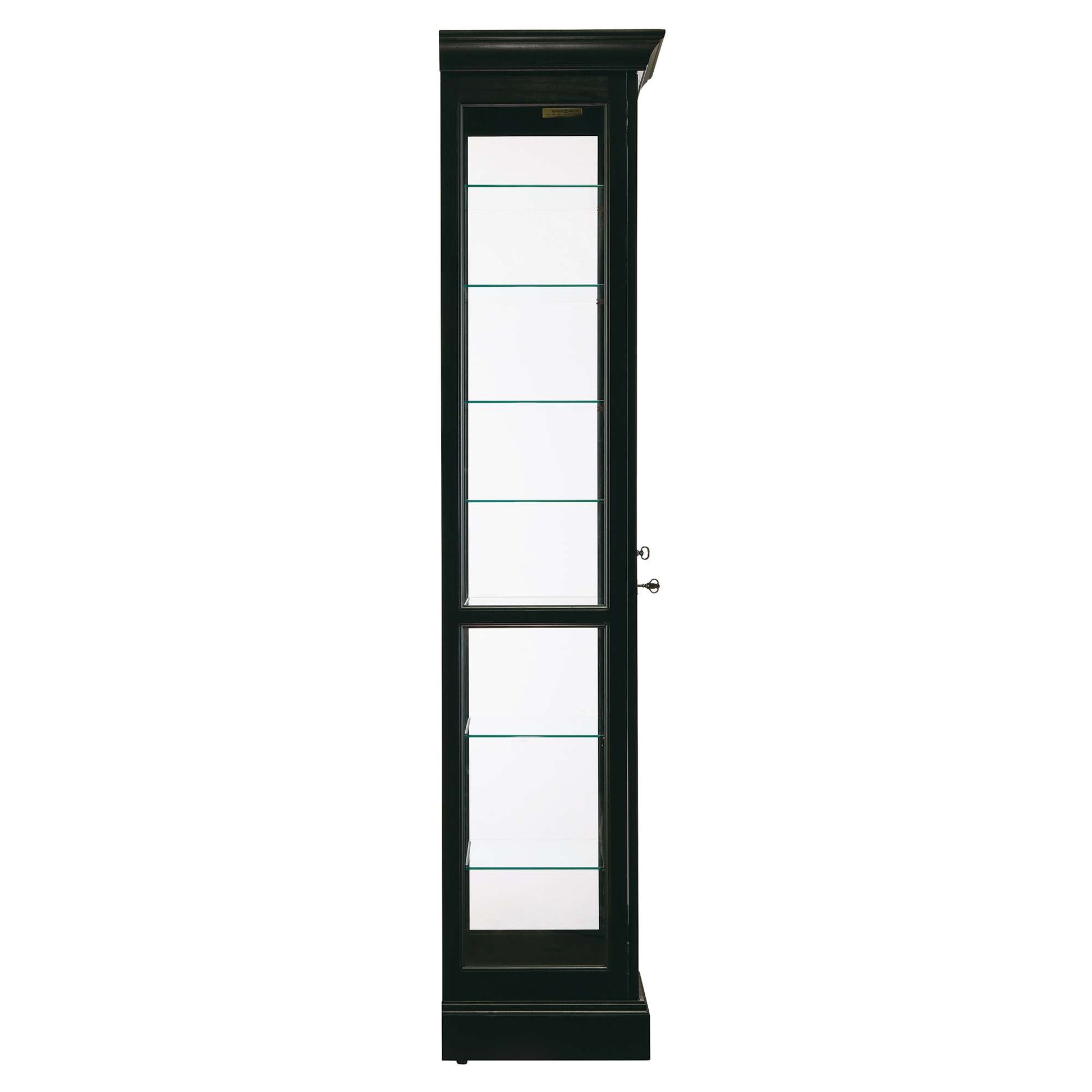 Tall black display cabinet with glass shelves