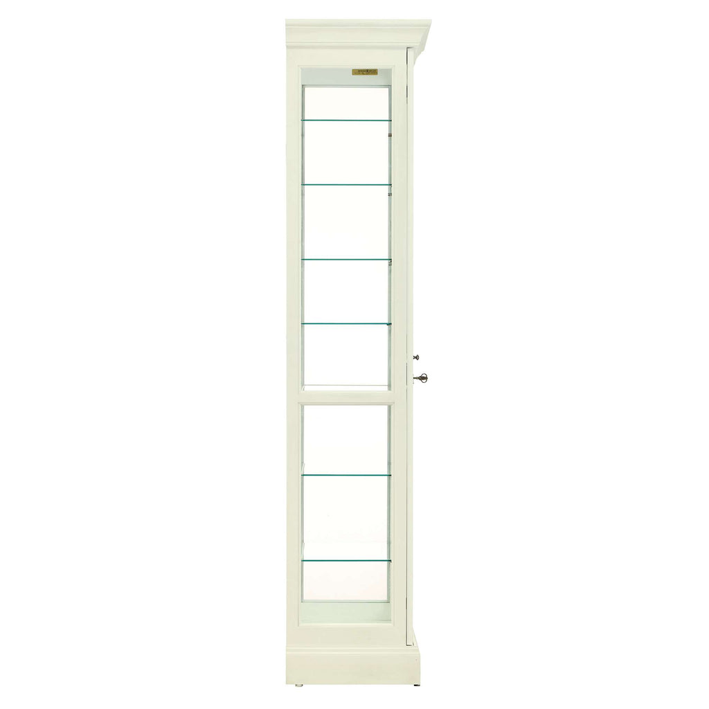 Tall white display cabinet with glass shelves