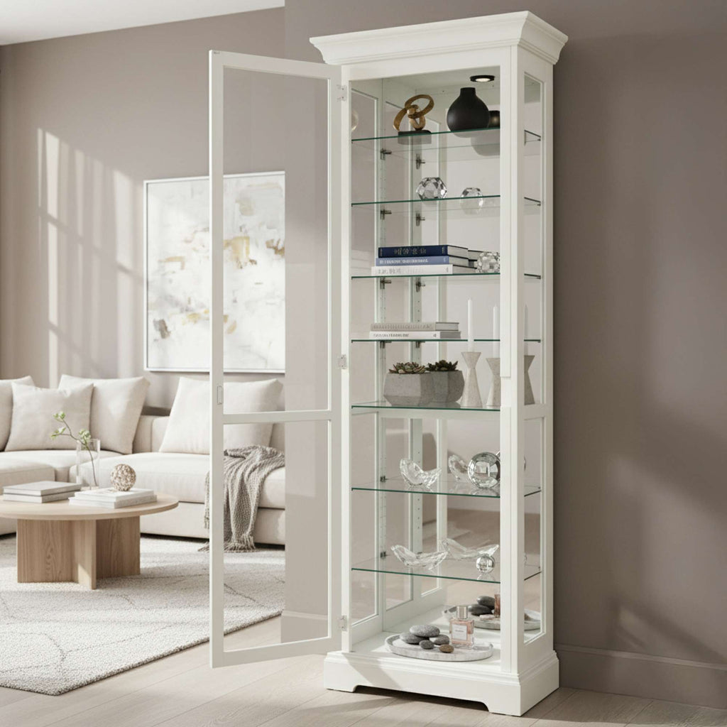 Glass display cabinet in a modern living room