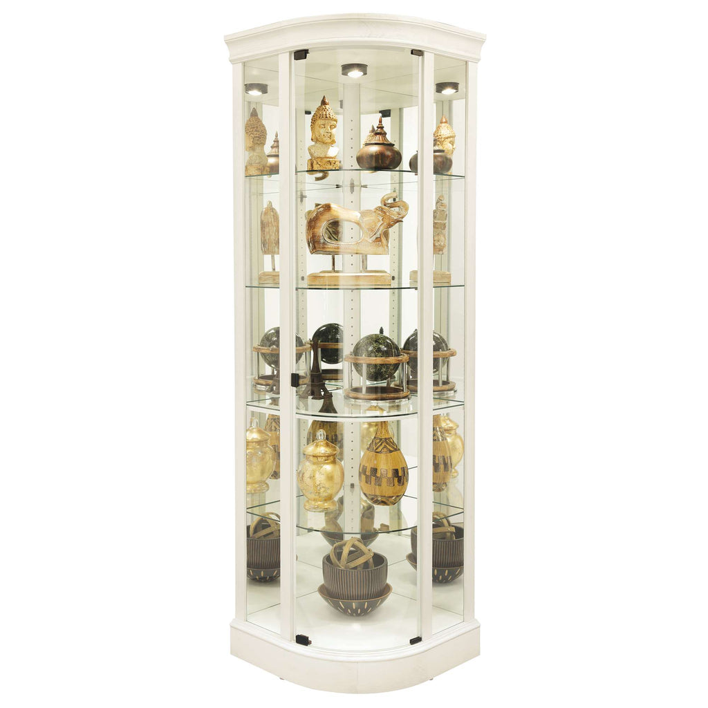 A glass display cabinet showcasing various decorative items and artifacts.