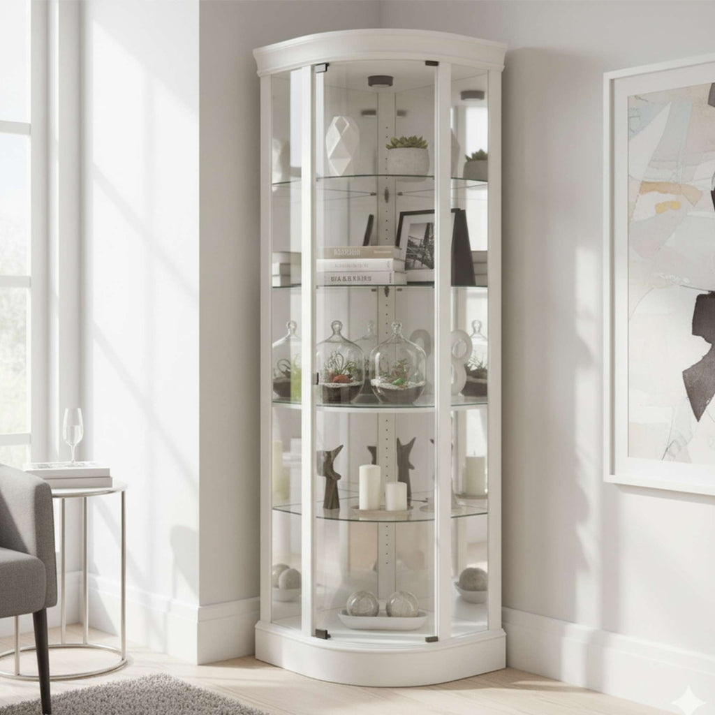 Elegant white corner display cabinet with glass shelves and decorative items.