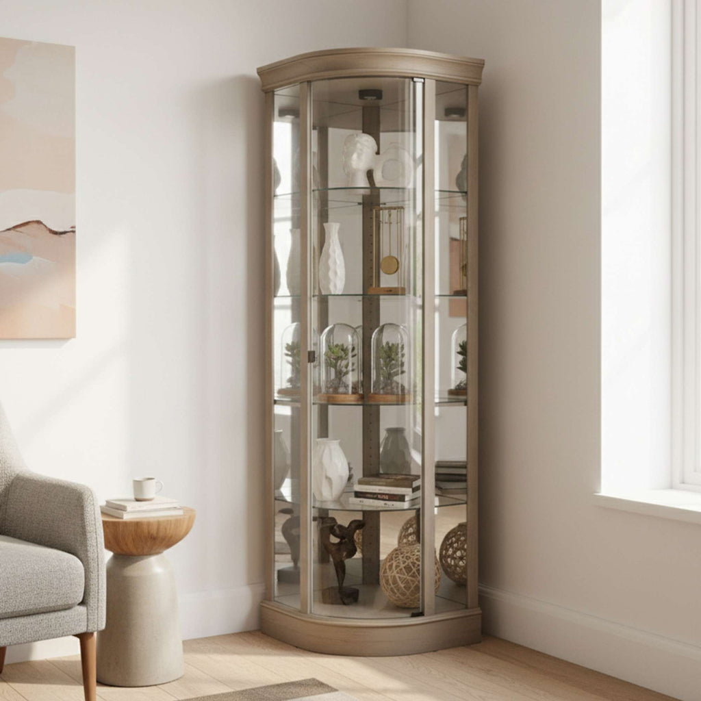 Elegant corner display cabinet with glass shelves and decorative items