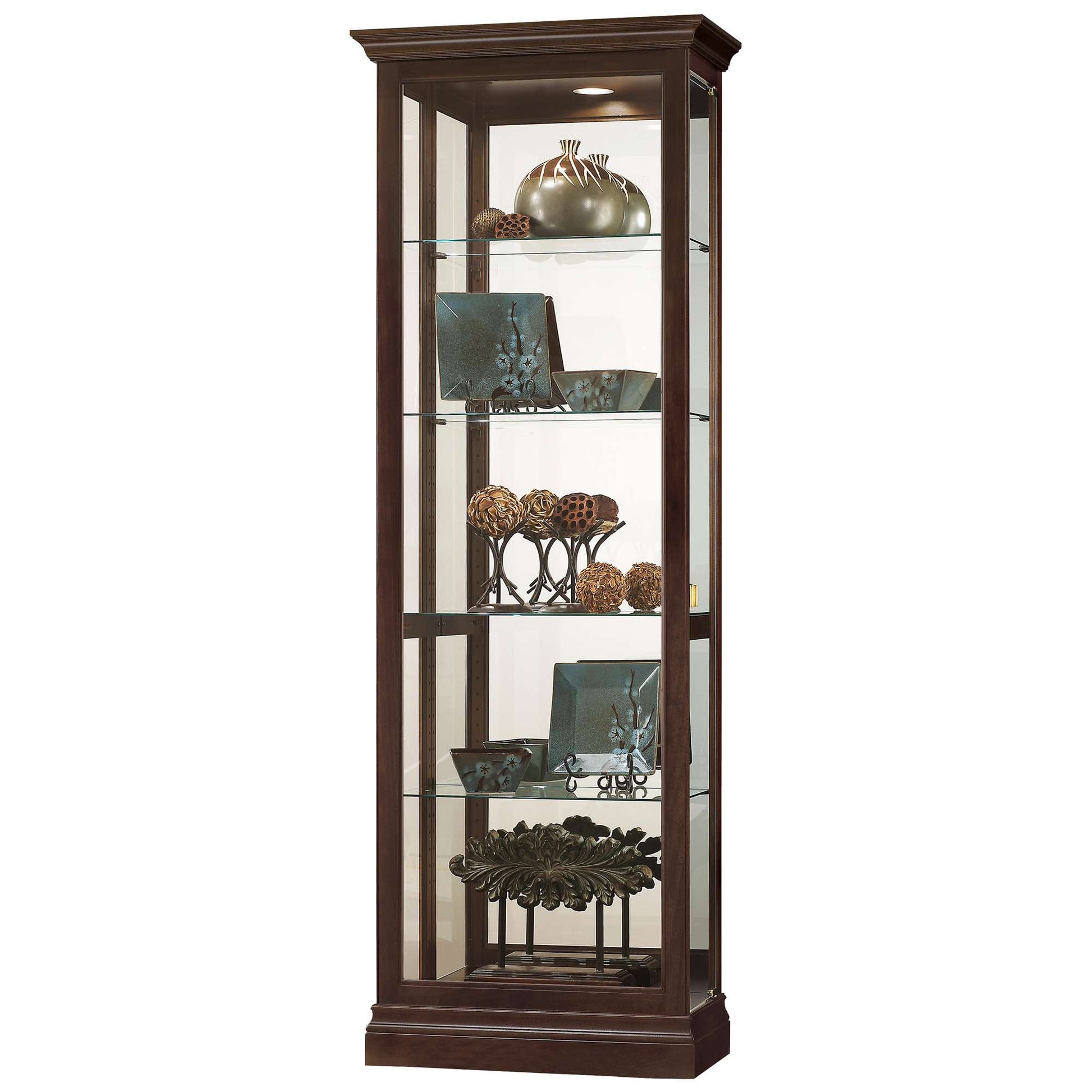 Tall wooden display cabinet with glass shelves showcasing decorative items