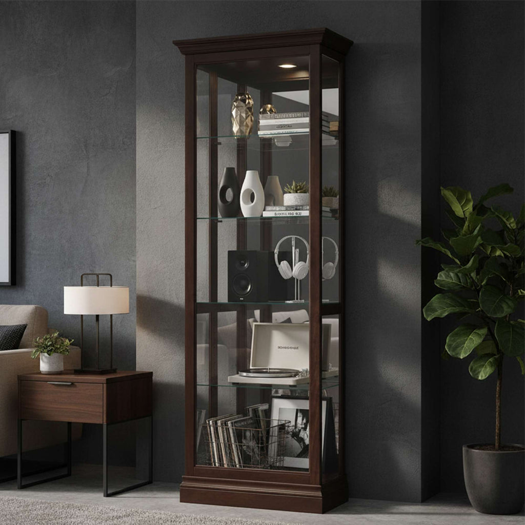 Elegant glass display cabinet in a modern living room setting.
