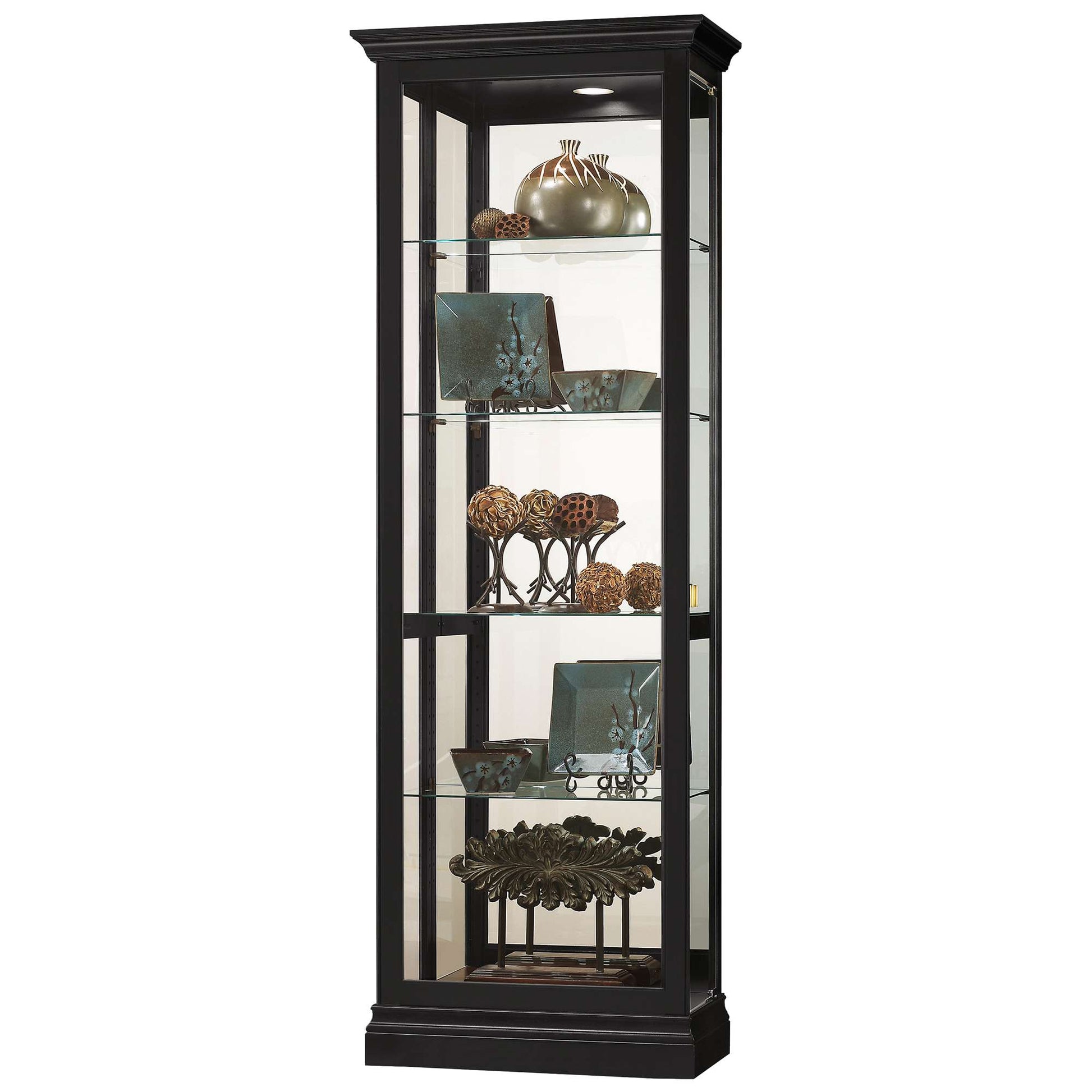 Elegant glass display cabinet showcasing decorative items and ornaments.