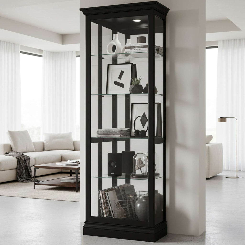 Glass display cabinet with decorative items in a bright living room
