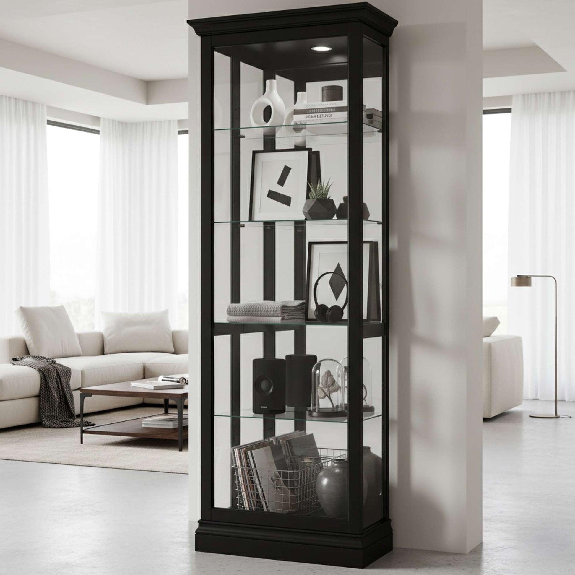 Glass display cabinet with decorative items in a bright living room