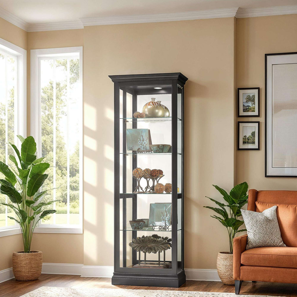 Modern glass display cabinet in a bright living room