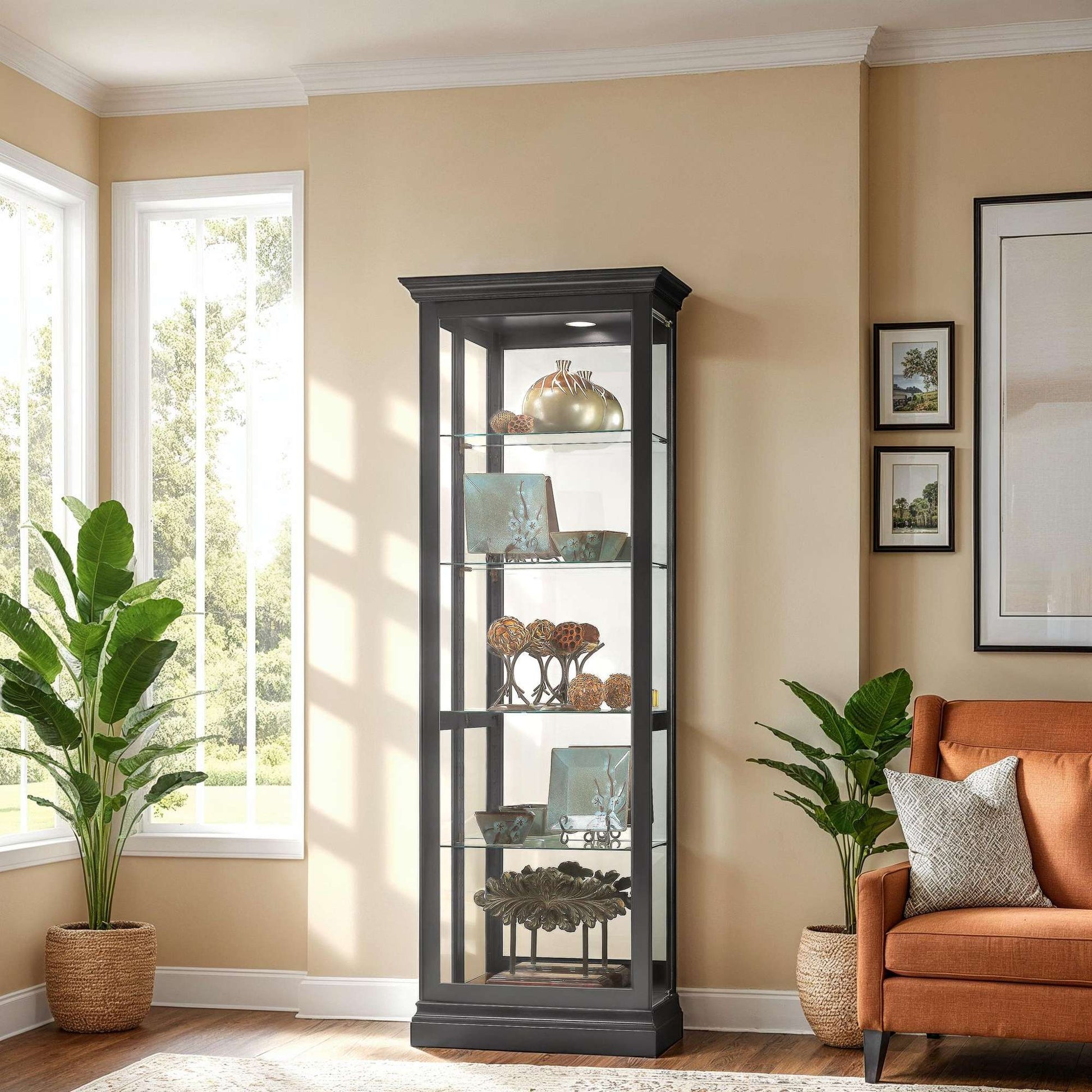 Modern glass display cabinet in a bright living room