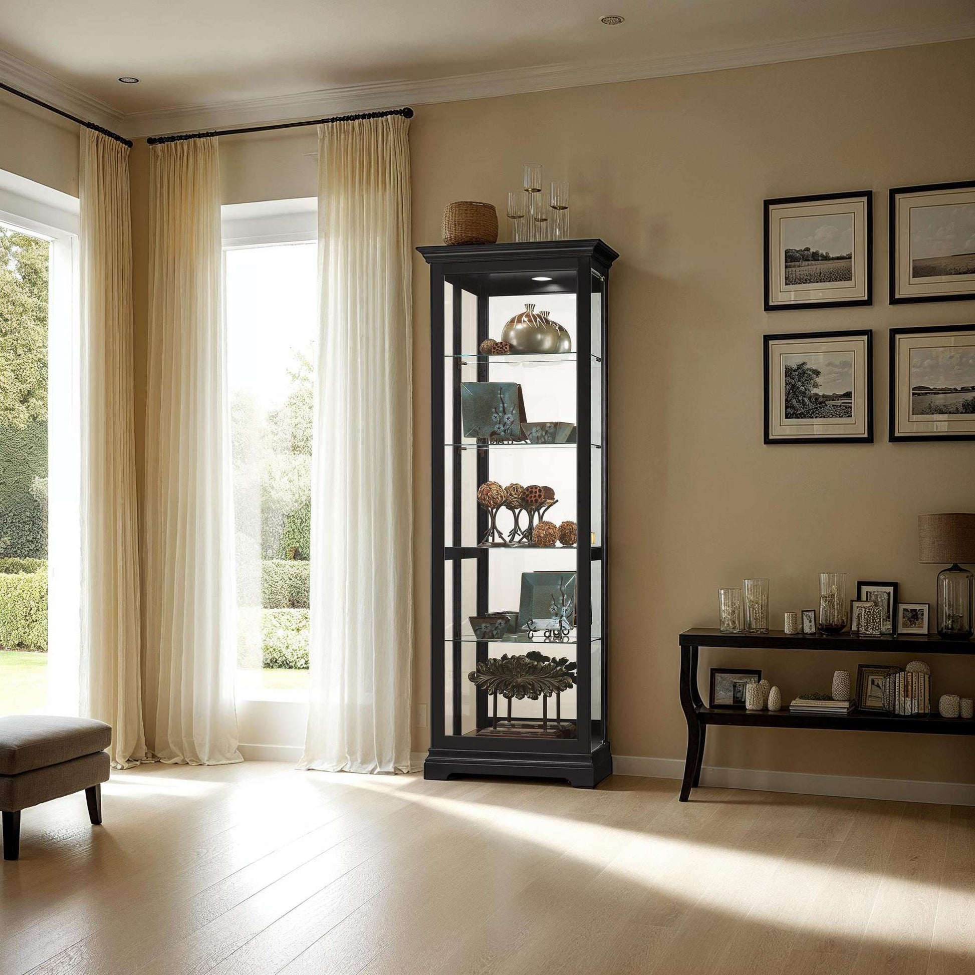 A modern living room featuring a glass display cabinet and a wooden side table with decor, illuminated by natural light from large windows.