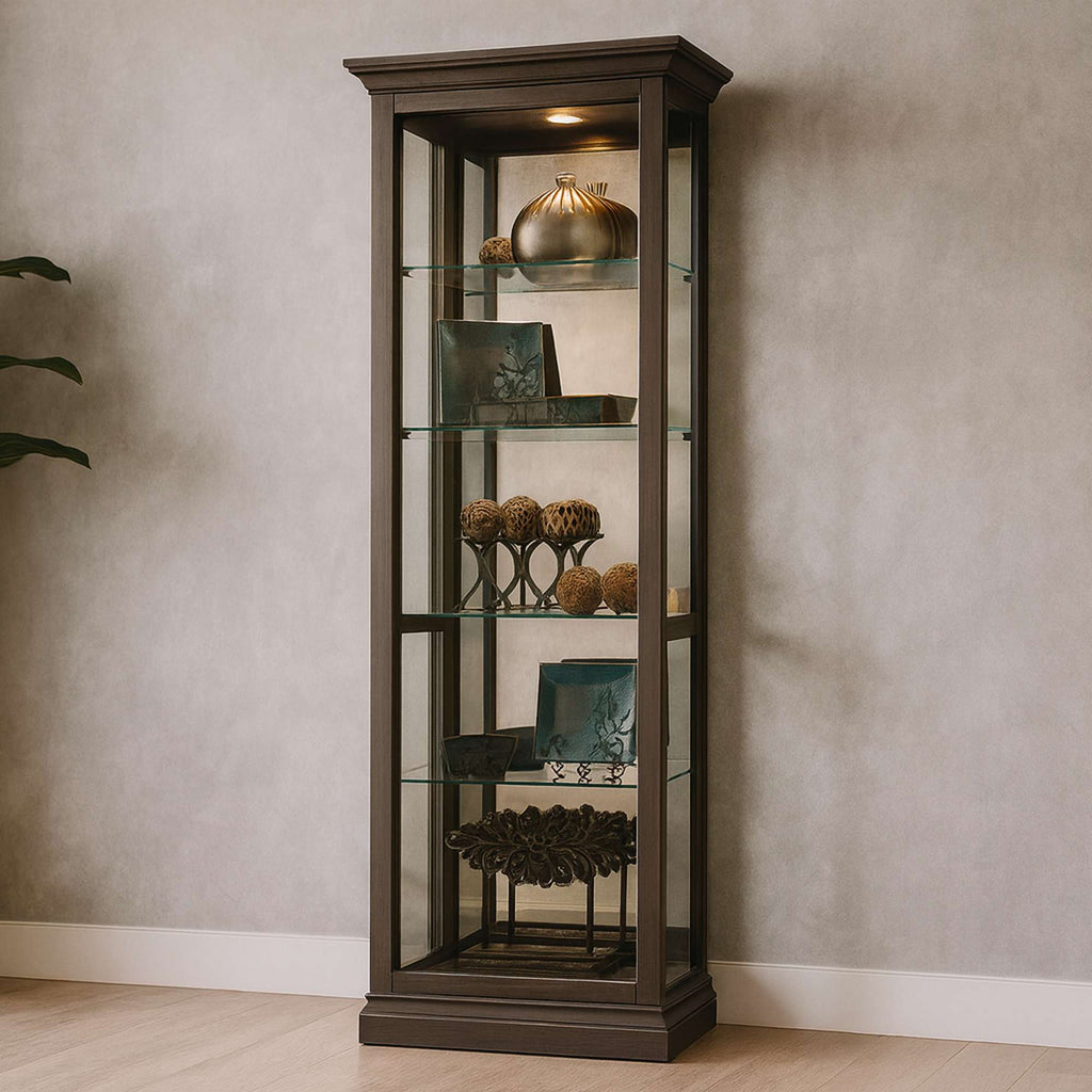 Glass display cabinet with decorative items and plants