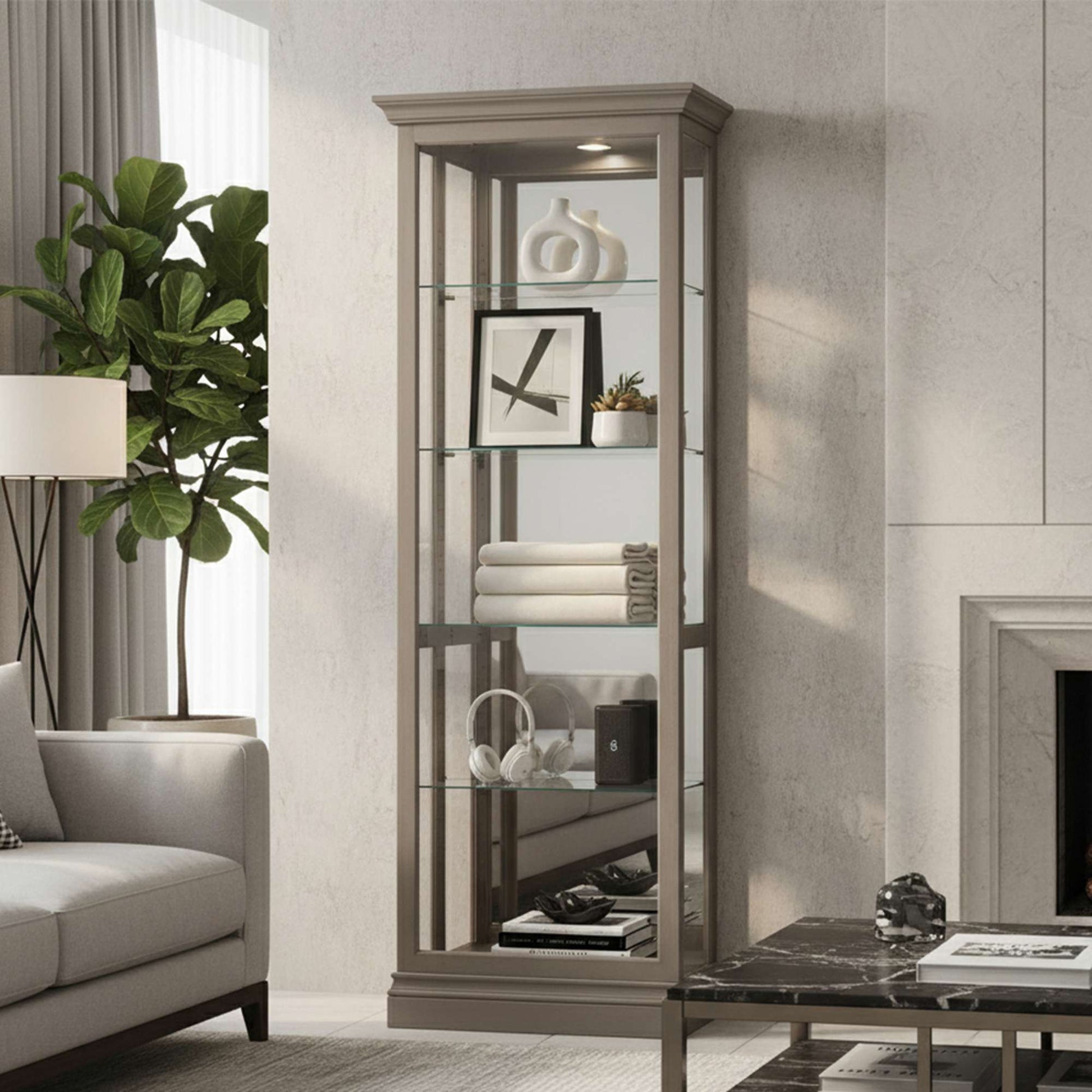 A stylish glass display cabinet with shelves, showcasing decorative items in a modern living room setting.