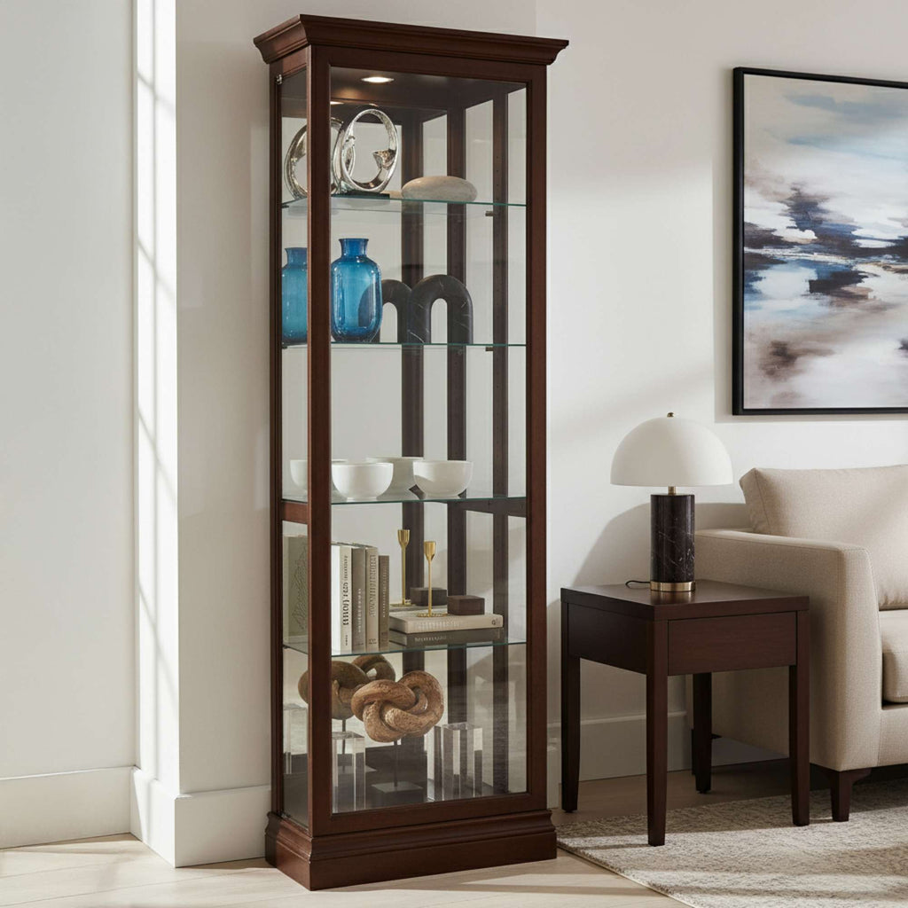 A tall wooden display cabinet with glass shelves, featuring decorative items, placed next to a side table and a modern painting.