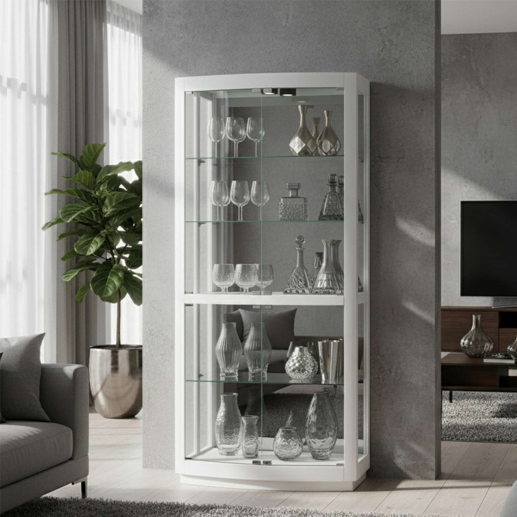 Glass display cabinet showcasing a variety of decorative glassware