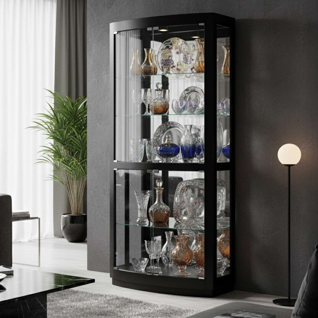 Modern glass display cabinet showcasing decorative vases and glassware.