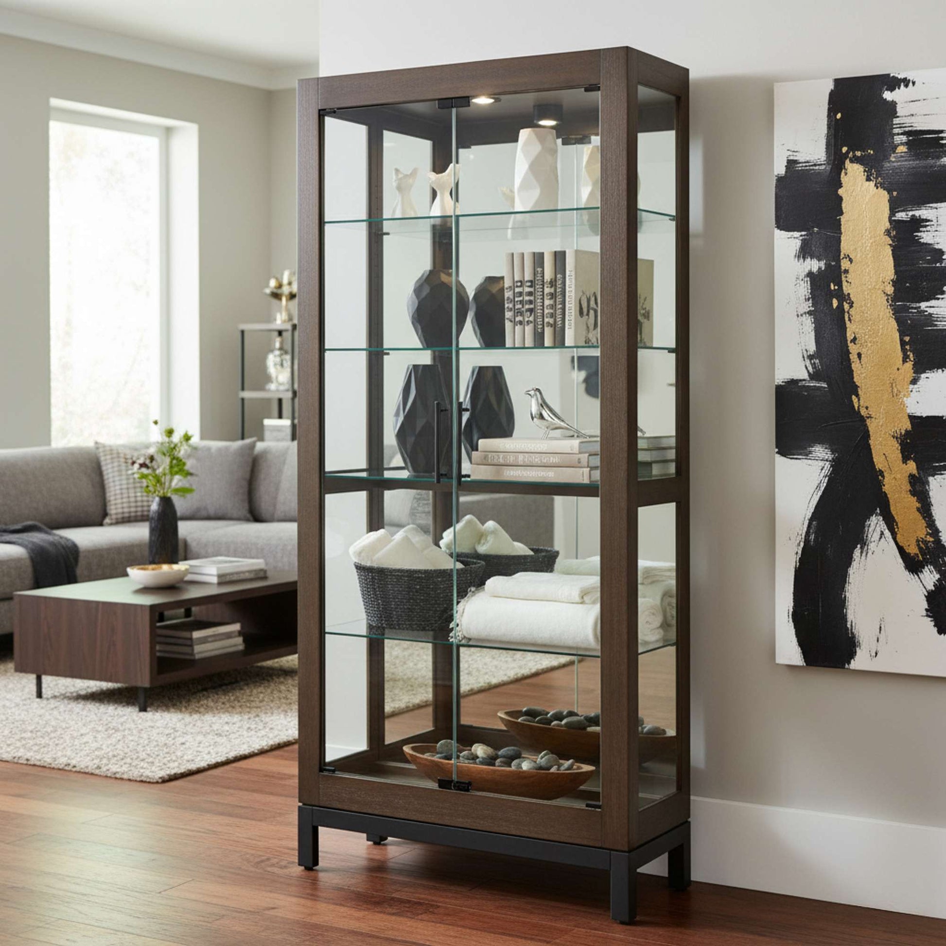 A modern glass display cabinet filled with decorative items and placed in a stylish living room.