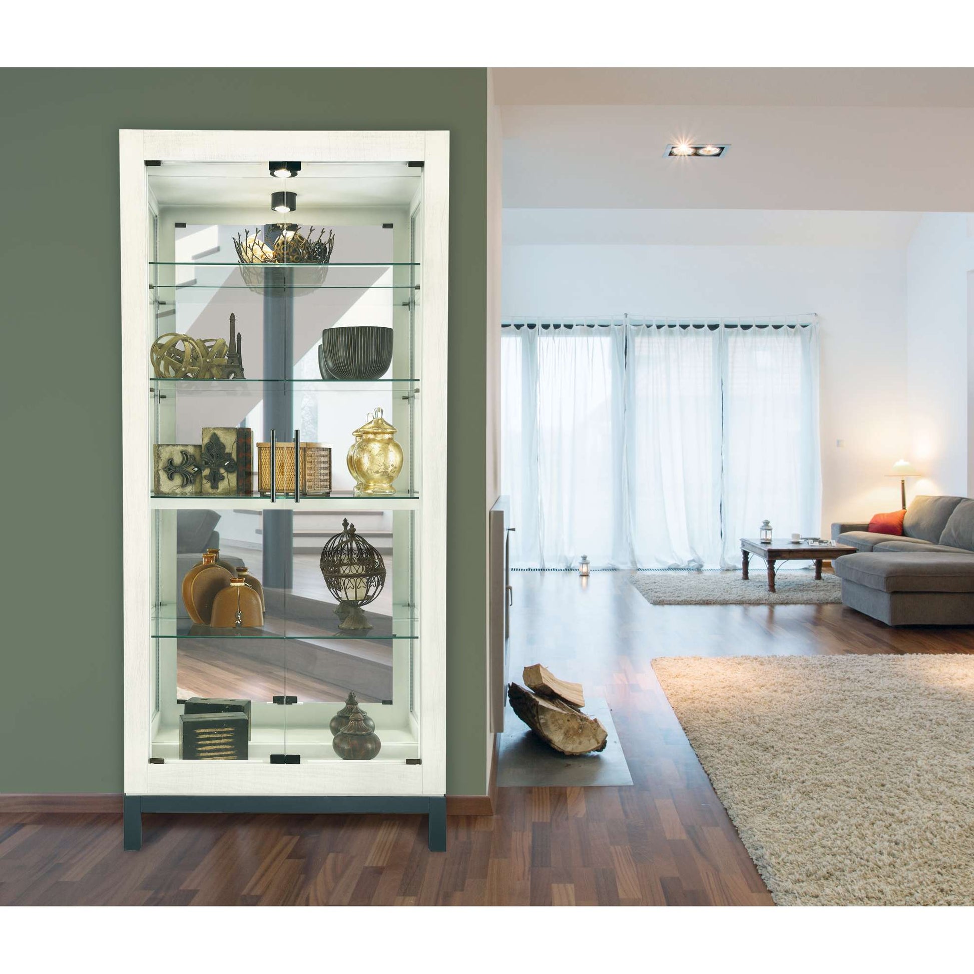 Modern glass display cabinet showcasing decorative items in a stylish living room.