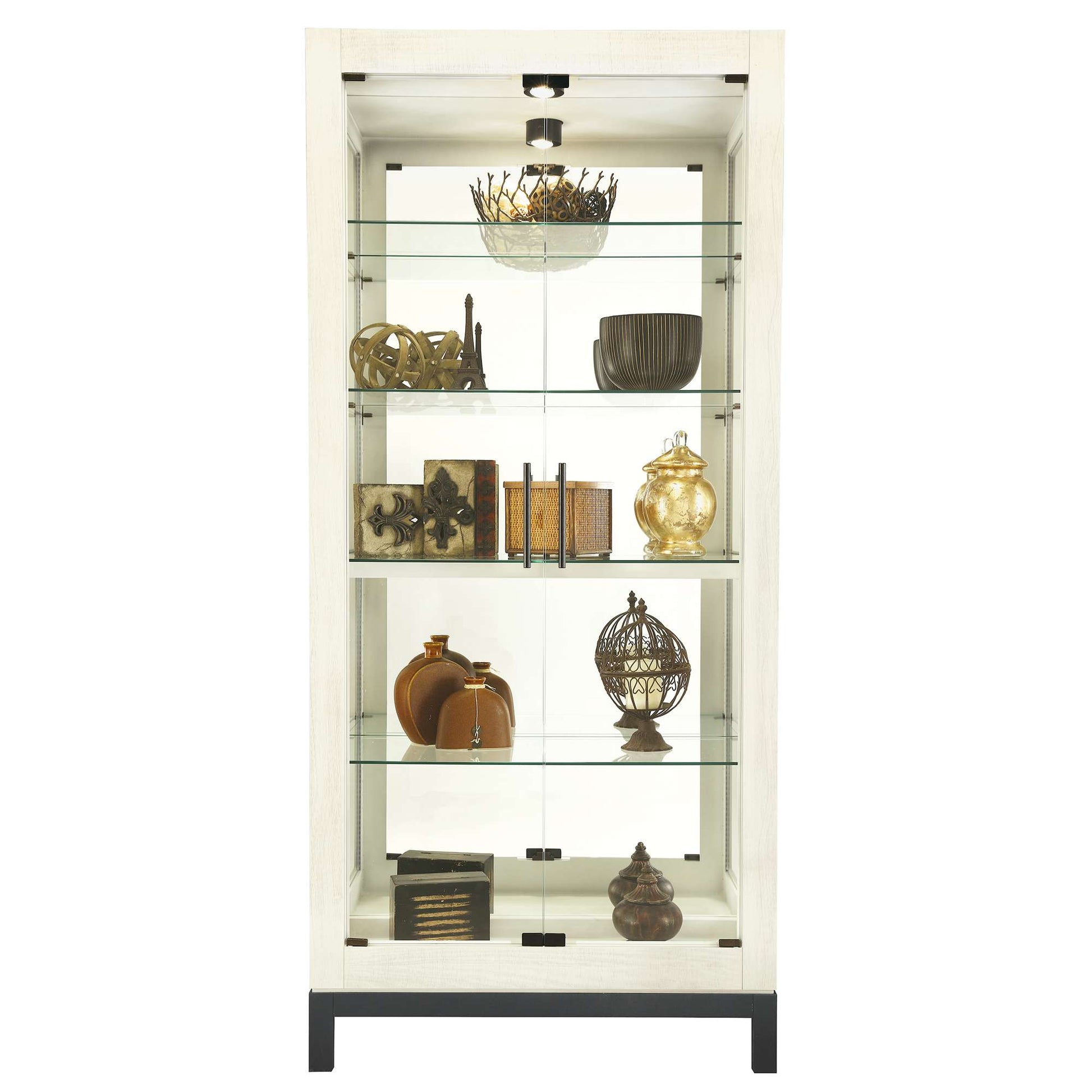 A glass display cabinet with various decorative items on its shelves.