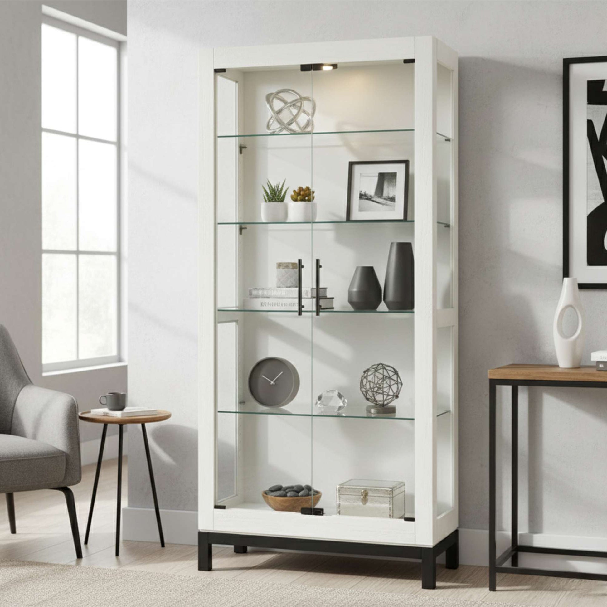 Modern glass display cabinet in a bright living room.