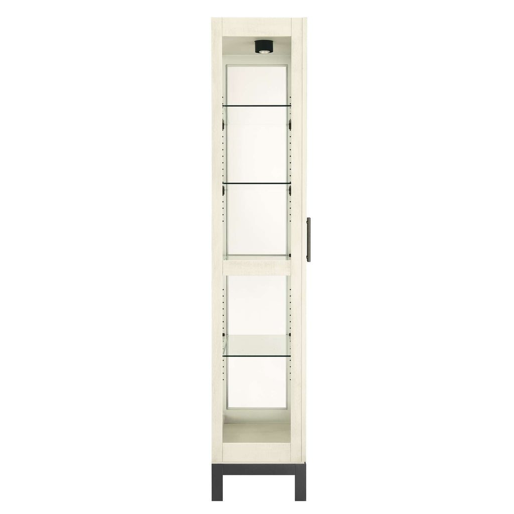 Tall, narrow storage cabinet with glass shelves