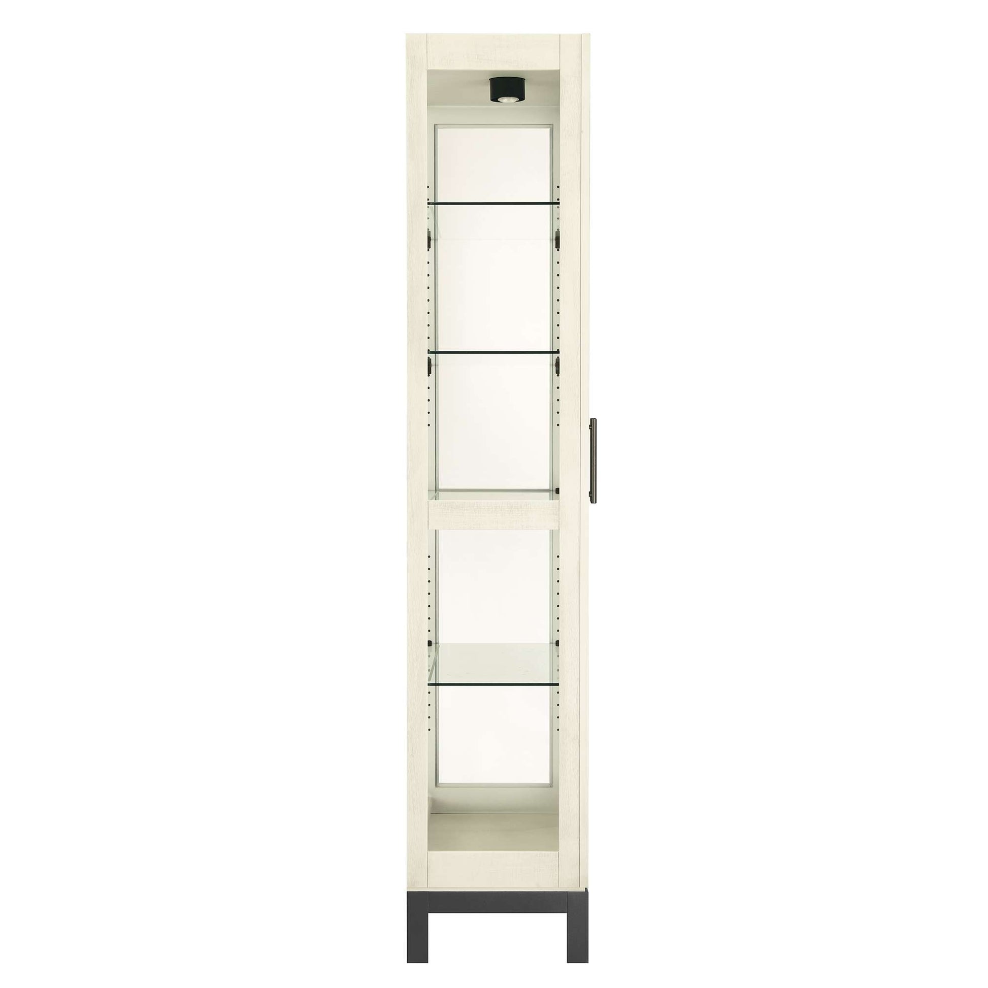 Tall, narrow storage cabinet with glass shelves