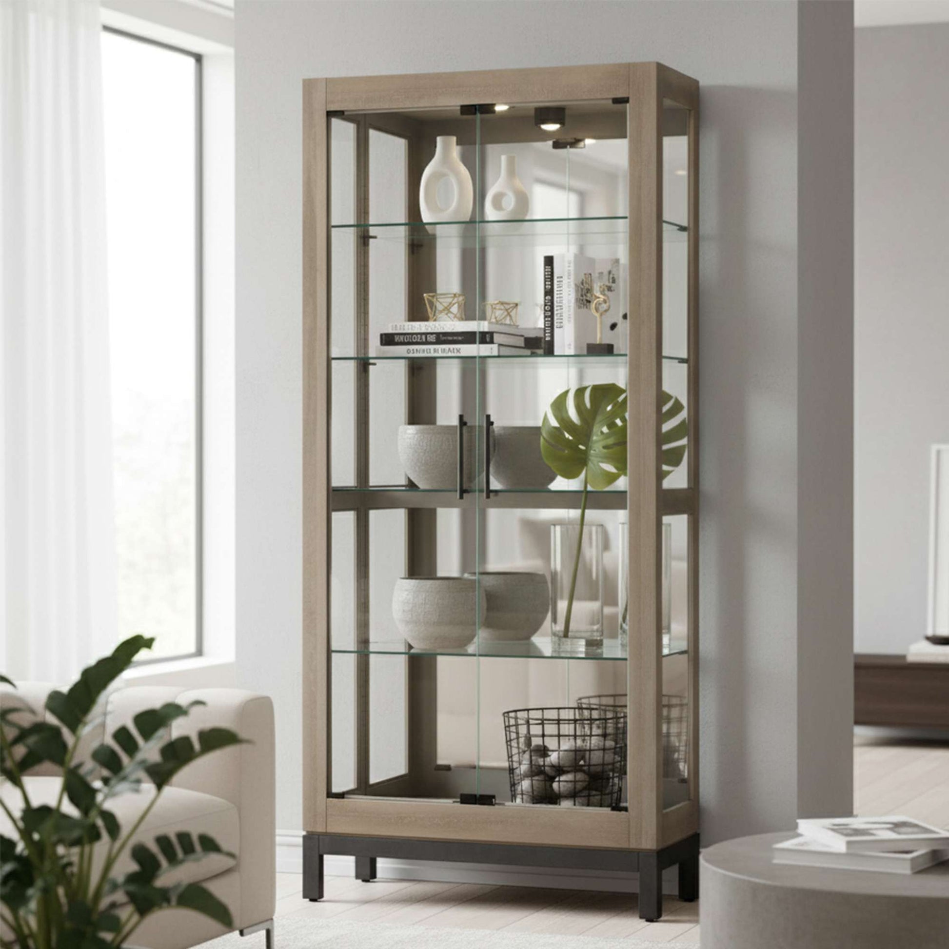 A modern glass display cabinet with decorative items and plants, positioned in a bright living space.