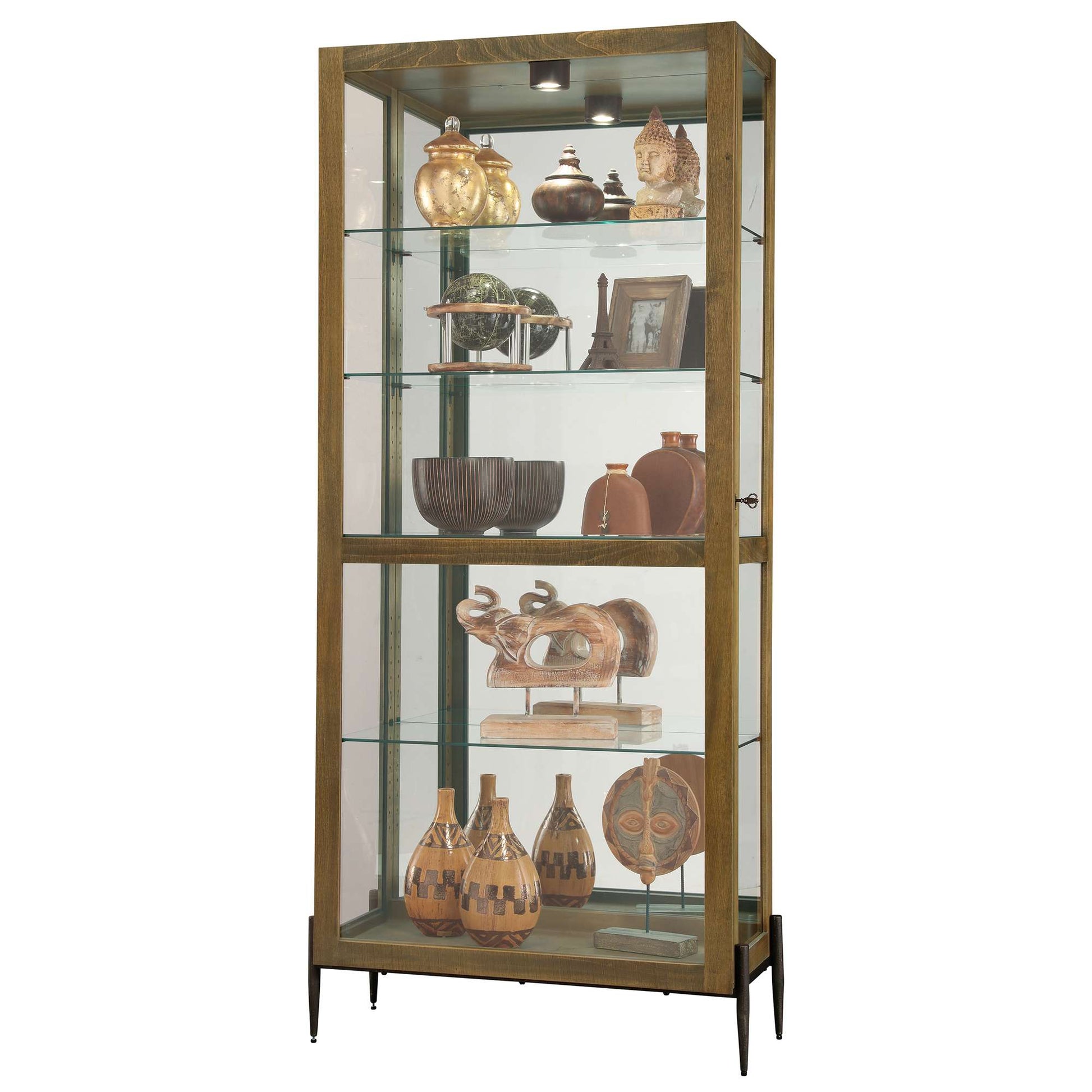 A tall glass display cabinet showcasing various decorative items and pottery.