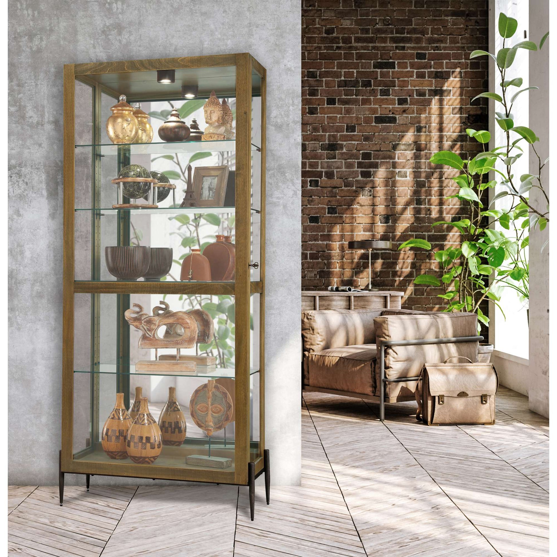 Glass display cabinet with decorative vases and plants in a modern interior