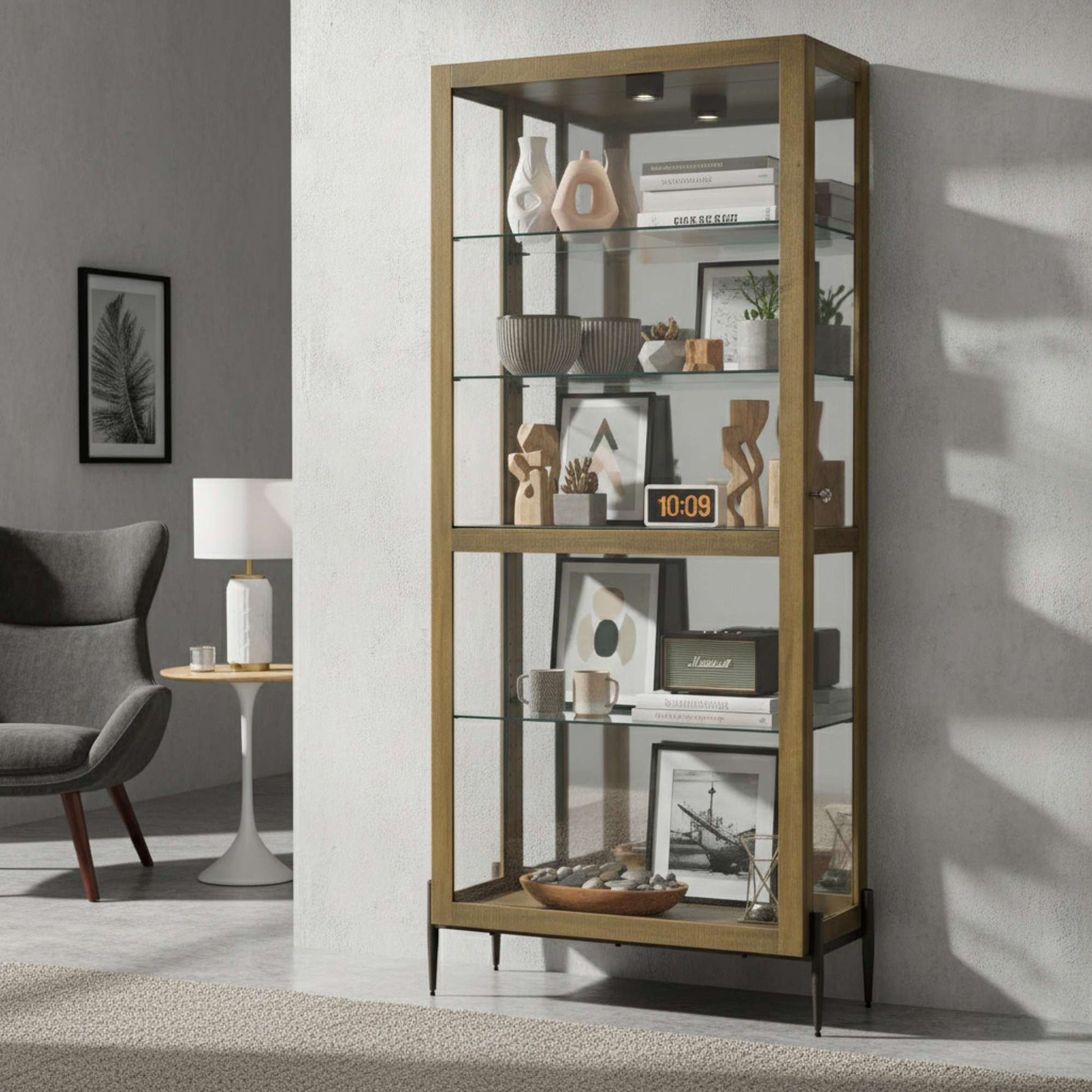 A stylish glass display cabinet with decorative items and a cozy living room setting.
