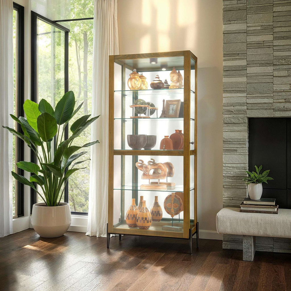 A well-lit display cabinet showcasing decorative items, alongside a large potted plant in a modern living room.
